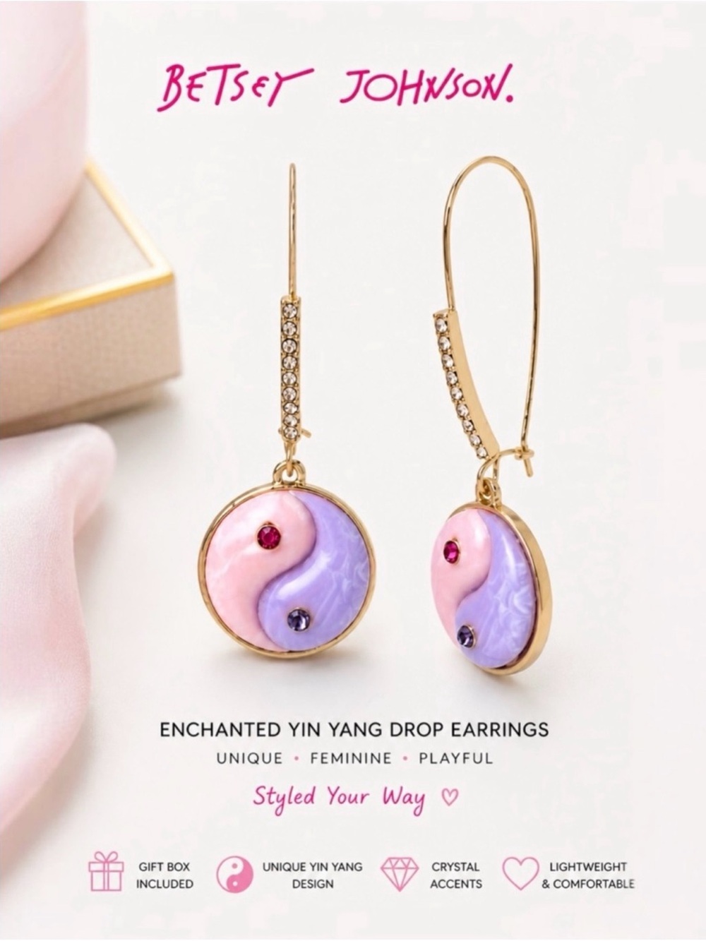 Betsey Johnson Enchanted Yin Yang Drop Earrings Pink Purple NWT - Picture 14 of 14